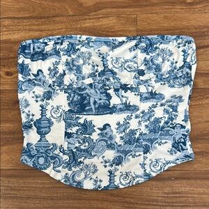 ❣️Blue and White Toile Print Strapless Crop Tube Top S